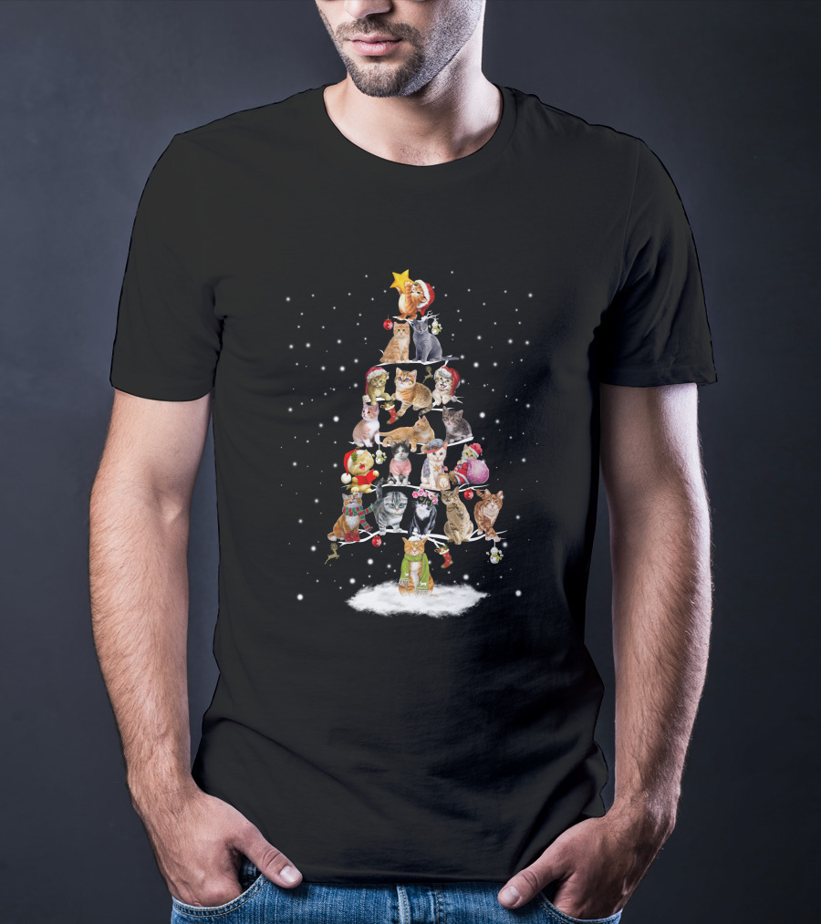 Cat Christmas Tree With Festive Cats And Holiday Ornaments T-Shirt