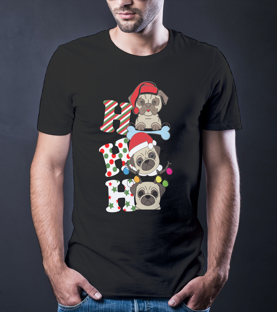 Ho Ho Ho Christmas Pug With Santa Hats And Holiday Lights T-Shirt