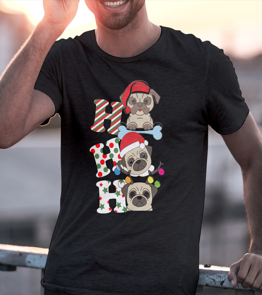 Ho Ho Ho Christmas Pug With Santa Hats And Holiday Lights T-Shirt