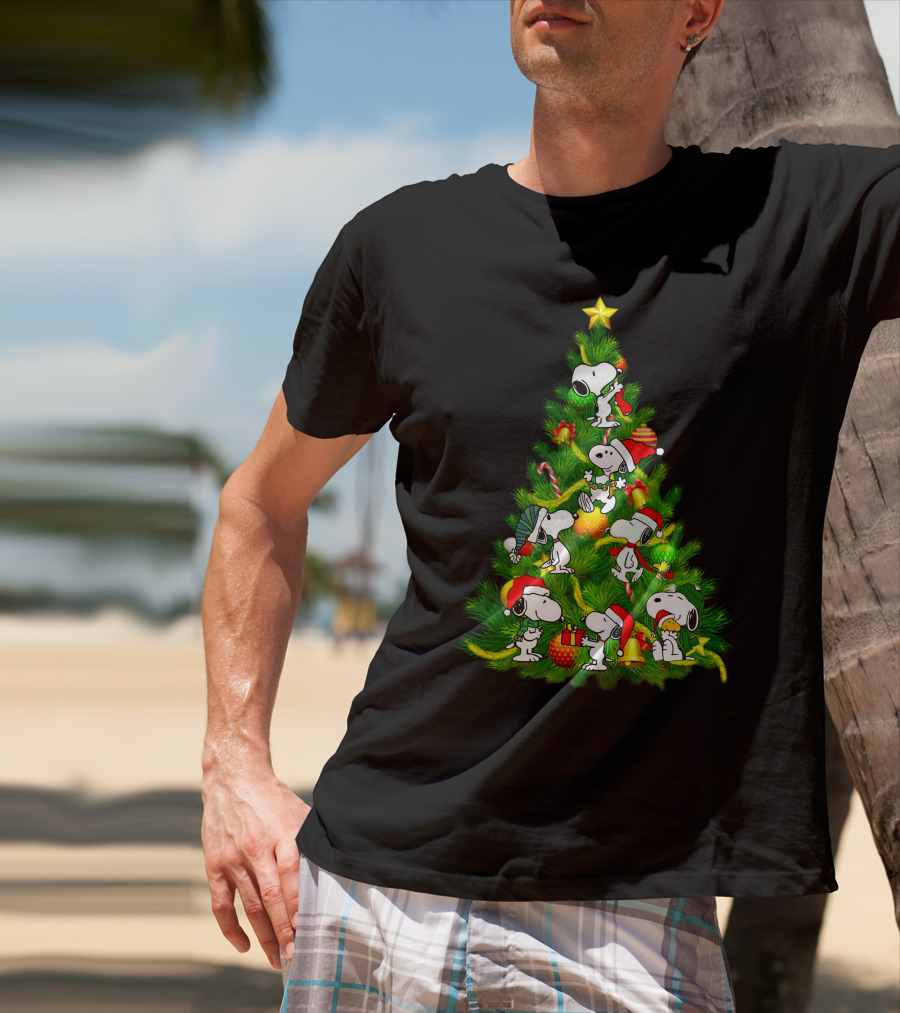 Snoopy Christmas Tree With Santa Hats And Gifts T-Shirt