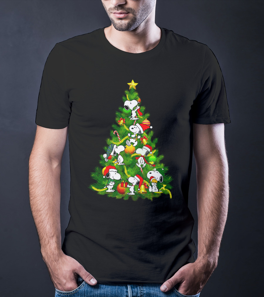 Snoopy Christmas Tree With Santa Hats And Gifts T-Shirt