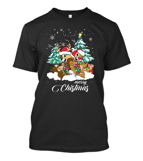 Merry Christmas Chip And Dale Holiday Cheer Reindeer Antlers Santa Hats Winter Wonderland T-Shirt