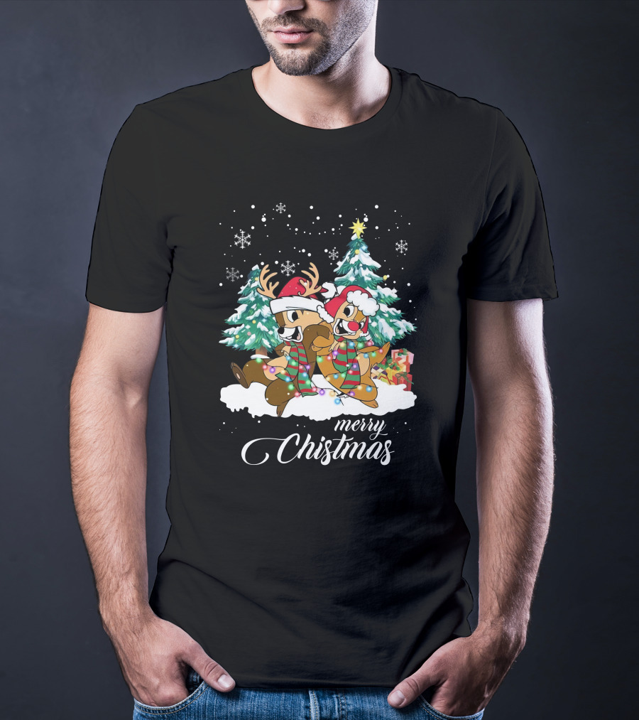 Merry Christmas Chip And Dale Holiday Cheer Reindeer Antlers Santa Hats Winter Wonderland T-Shirt