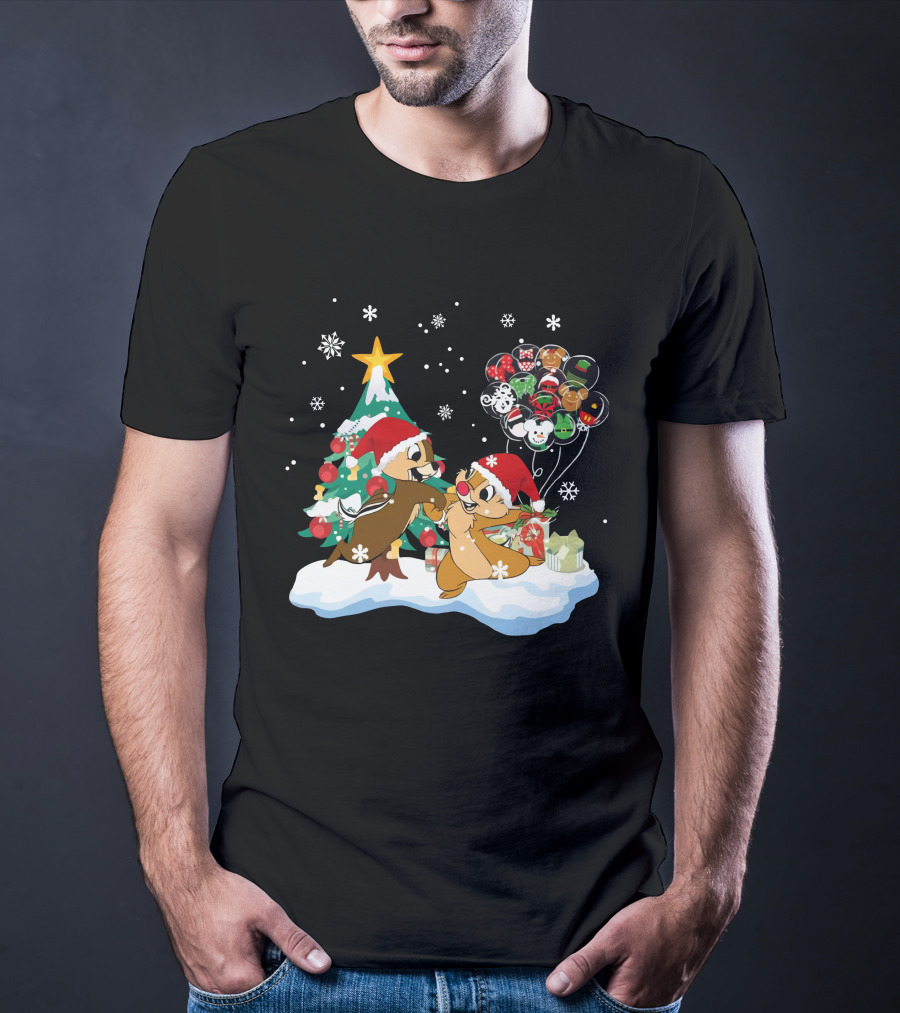 Chip And Dale Christmas Tree Santa Hats Snowflakes Balloons T-Shirt