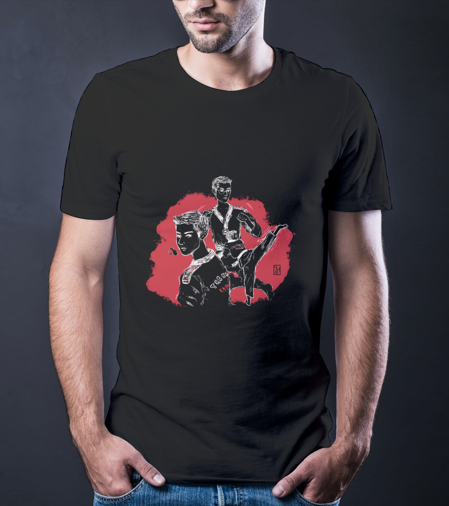 Taekwondo Boy Sparring Heroic Poses And Korean Emblems T-Shirt