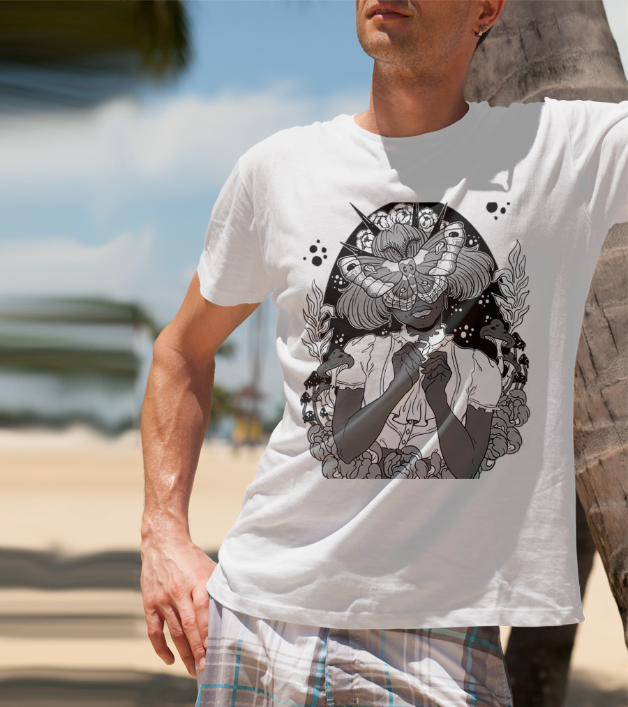 Moth The Seer Mystical Vision With Mushrooms And Floral Elements T-Shirt