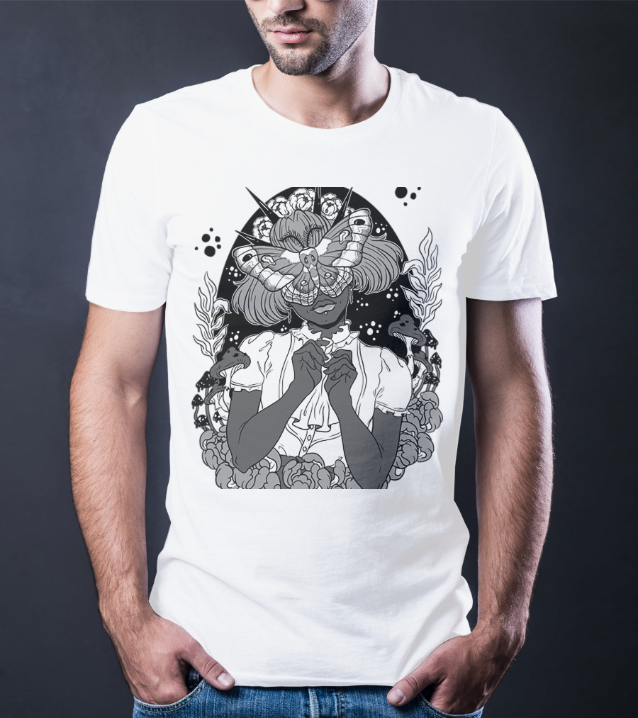 Moth The Seer Mystical Vision With Mushrooms And Floral Elements T-Shirt