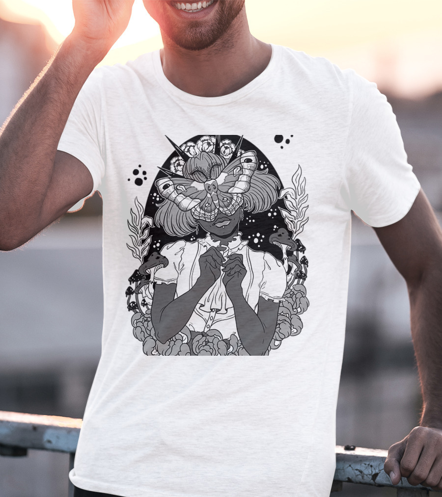 Moth The Seer Mystical Vision With Mushrooms And Floral Elements T-Shirt