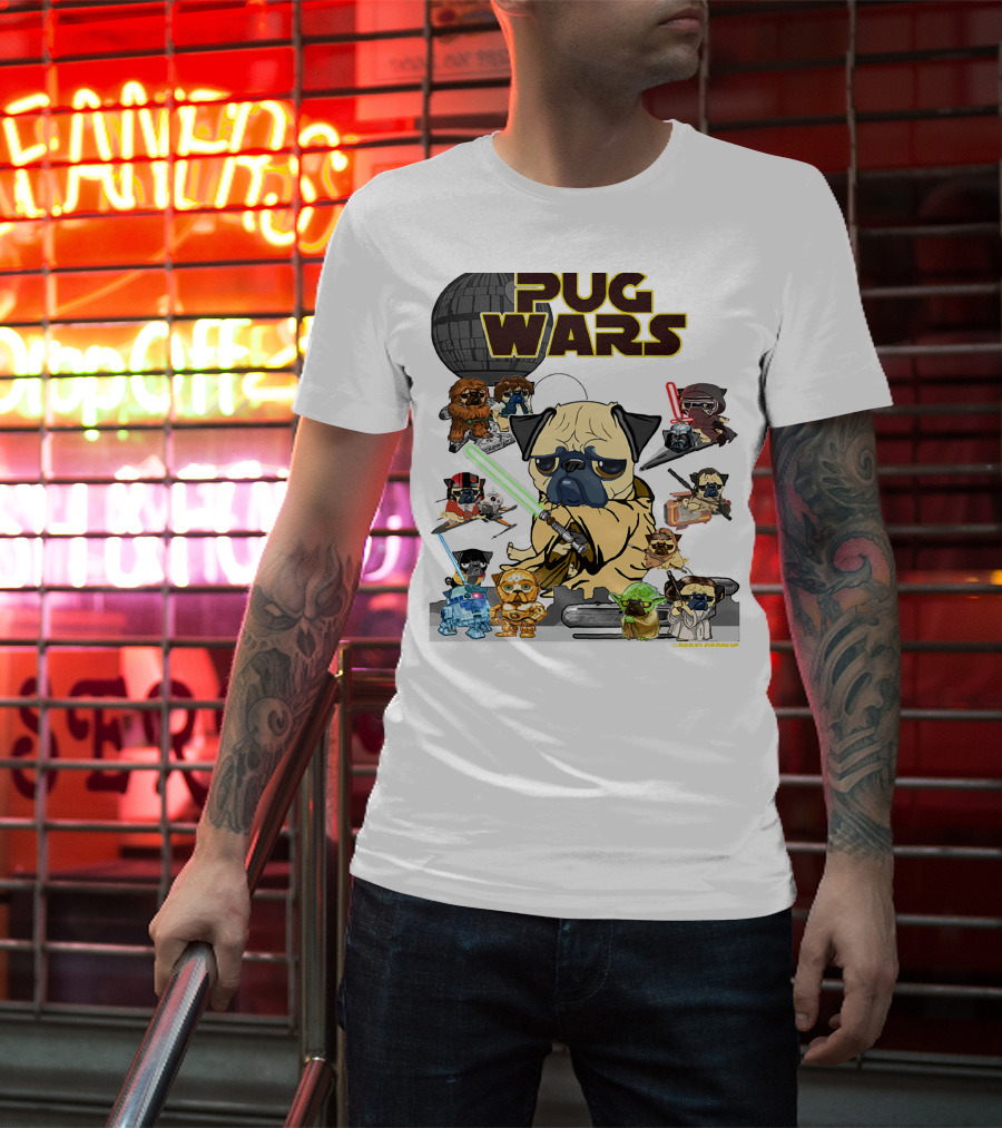 Pug Wars Star Parody With Iconic Characters And Spaceships T-Shirt