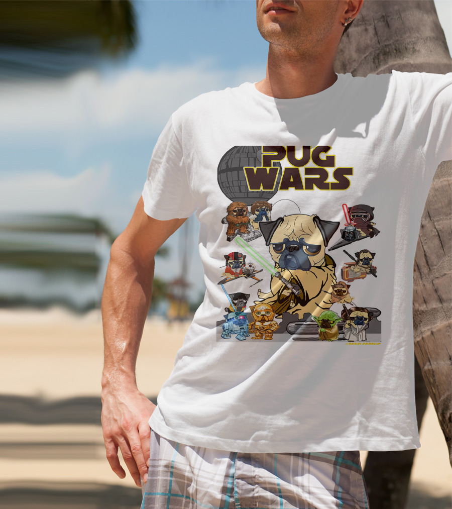Pug Wars Star Parody With Iconic Characters And Spaceships T-Shirt