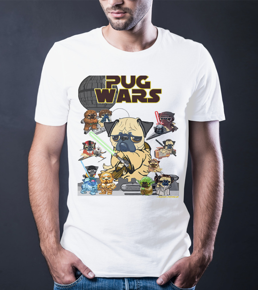 Pug Wars Star Parody With Iconic Characters And Spaceships T-Shirt