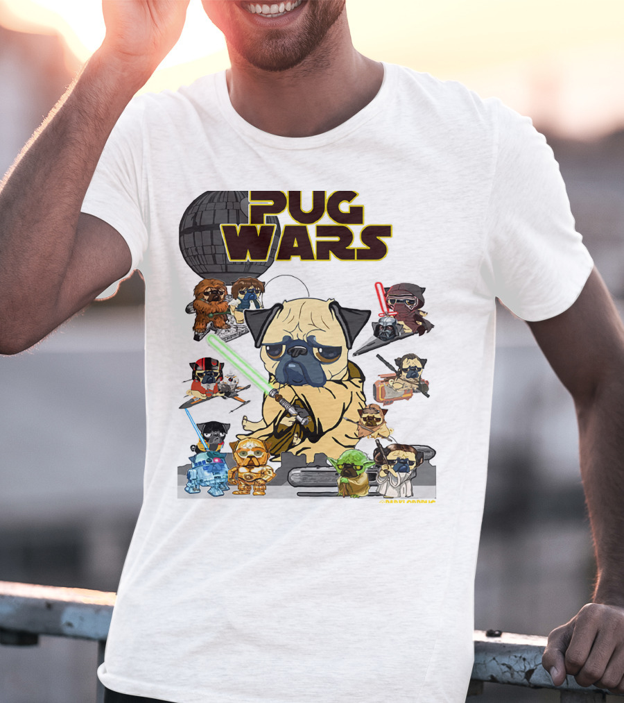 Pug Wars Star Parody With Iconic Characters And Spaceships T-Shirt