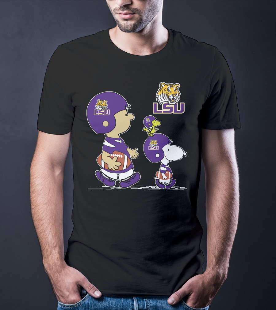 Peanuts Characters In LSU Tigers Football Gear With Helmet And Football T-Shirt