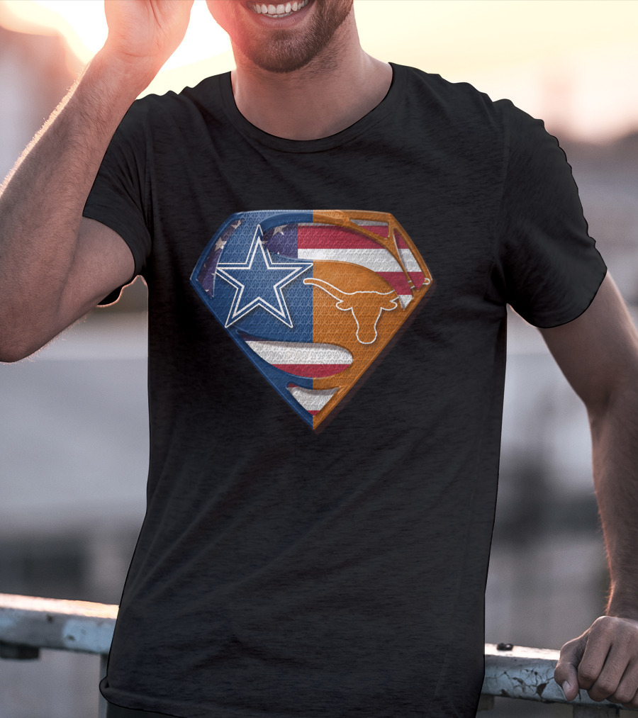 Dallas Cowboys Texas Longhorns Superman Shield American Flag Blend T-Shirt