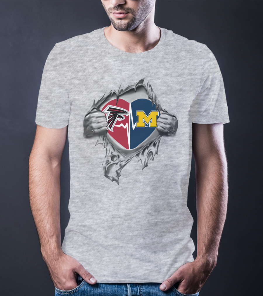 Heart Of Michigan Wolverines And Atlanta Falcons Logos On Torn Fabric T-Shirt