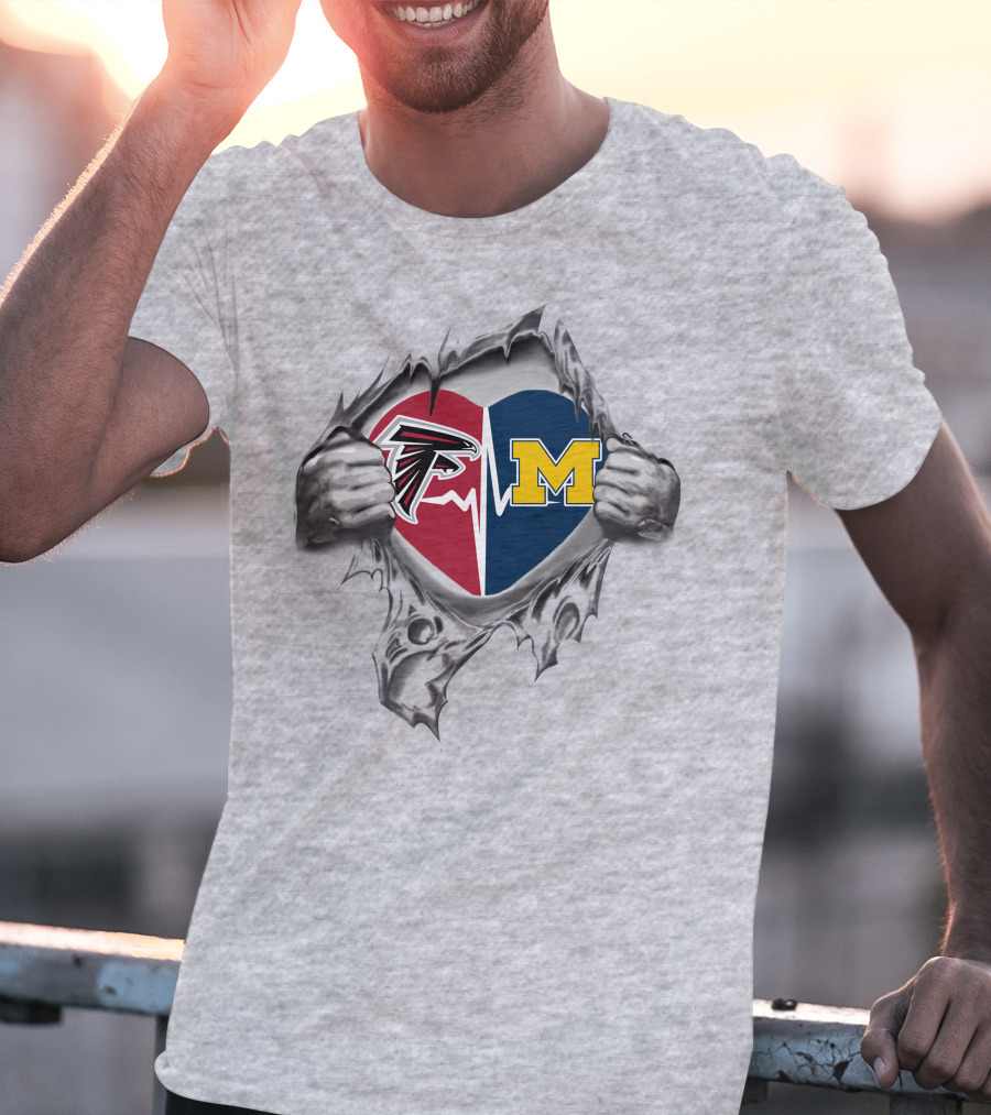 Heart Of Michigan Wolverines And Atlanta Falcons Logos On Torn Fabric T-Shirt