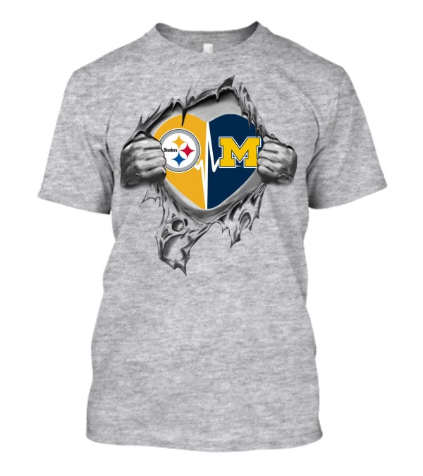 Michigan Wolverines Heartbeat Pittsburgh Steelers Logo Fusion T-Shirt