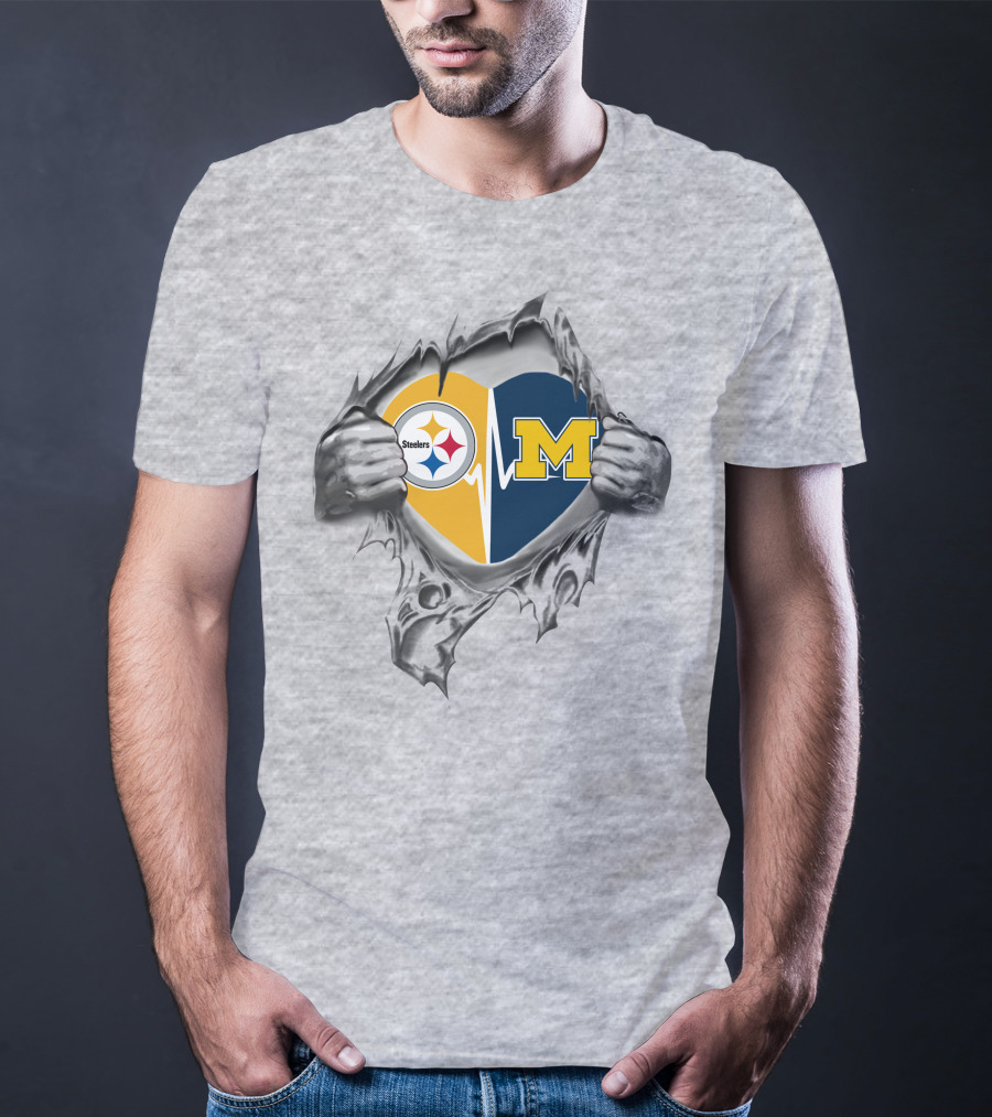 Michigan Wolverines Heartbeat Pittsburgh Steelers Logo Fusion T-Shirt