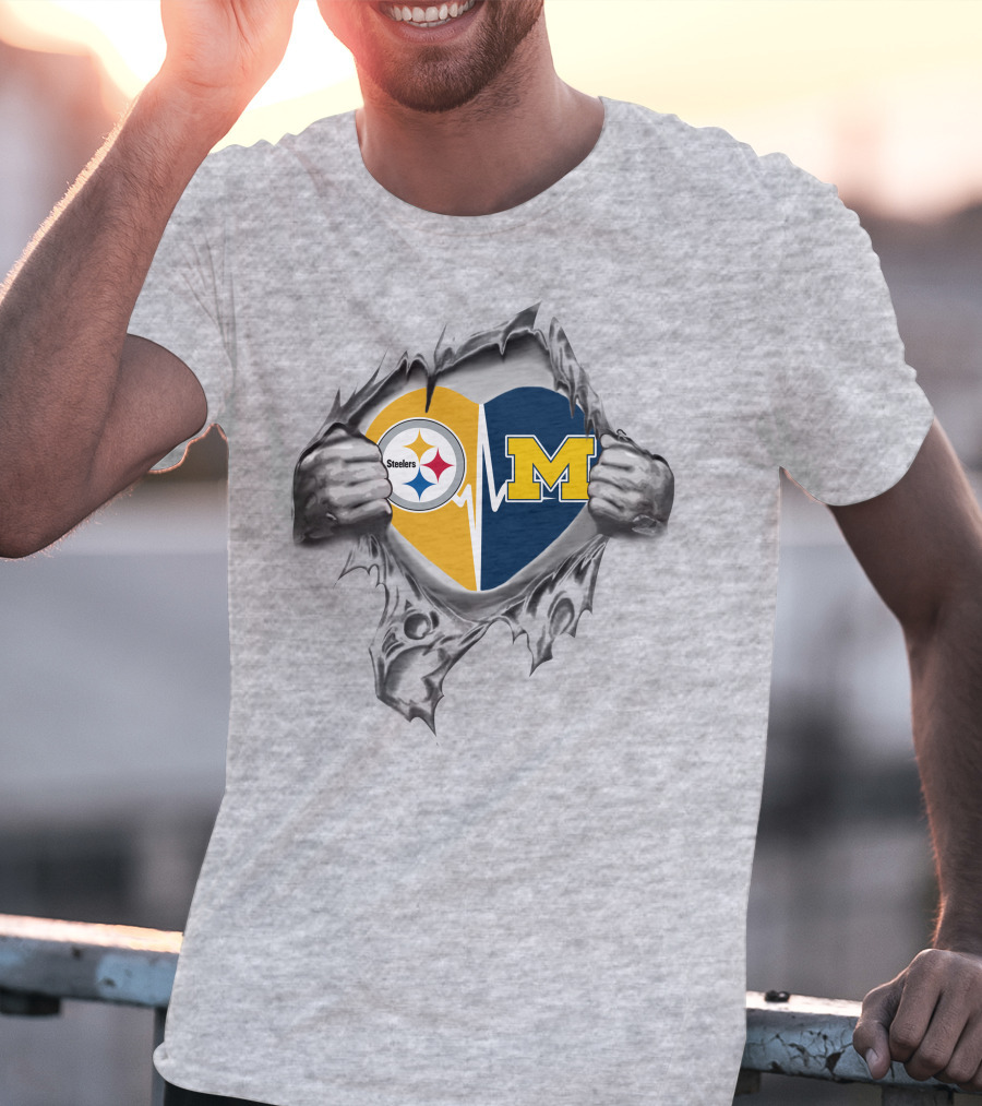 Michigan Wolverines Heartbeat Pittsburgh Steelers Logo Fusion T-Shirt