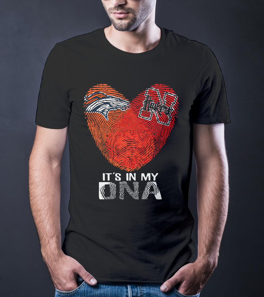 Denver Broncos Nebraska Cornhuskers Heart Thumbprint It's In My DNA T-Shirt