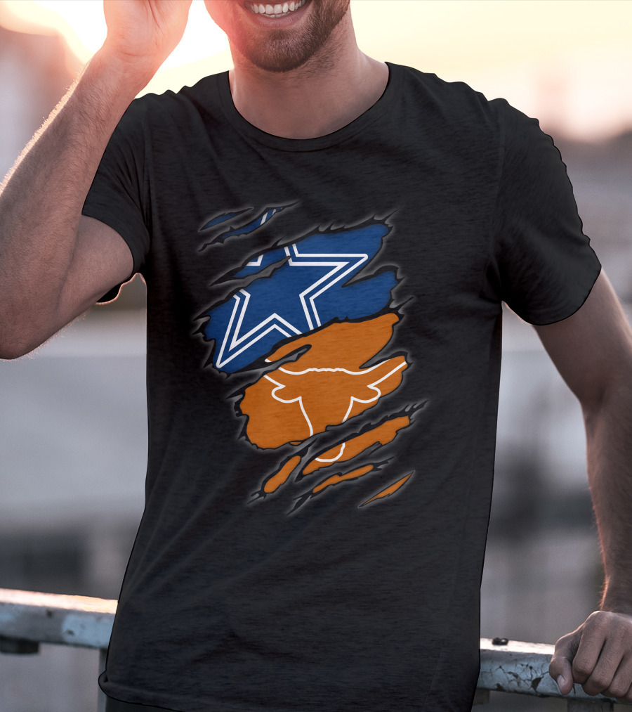 Cowboys Star And Texas Longhorns Logo Peeking Through Ripped T-Shirt