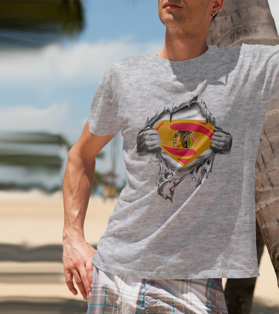 Blackhawks Superman Emblem Tear With Hands T-Shirt