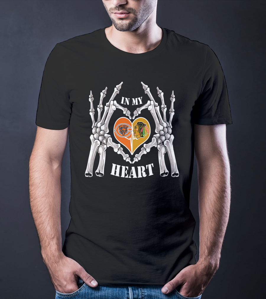 Chicago Bears Blackhawks In My Heart Skeleton Hands T-Shirt