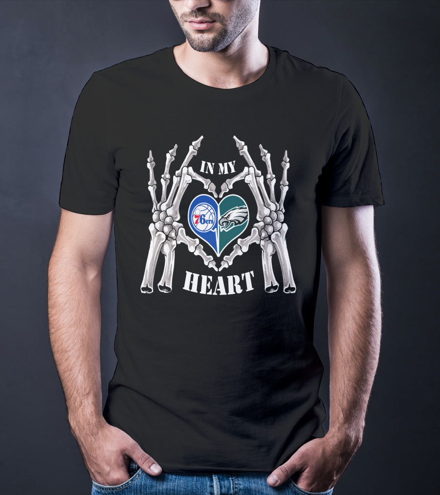 Eagles 76Ers Logos In Skeleton Heart Hands T-Shirt