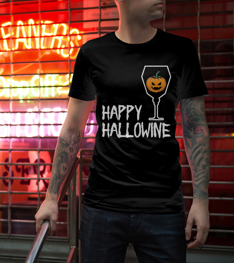 Happy Hallowine Jack-o'-Lantern Wine Glass Halloween Drinking Lover T-Shirt