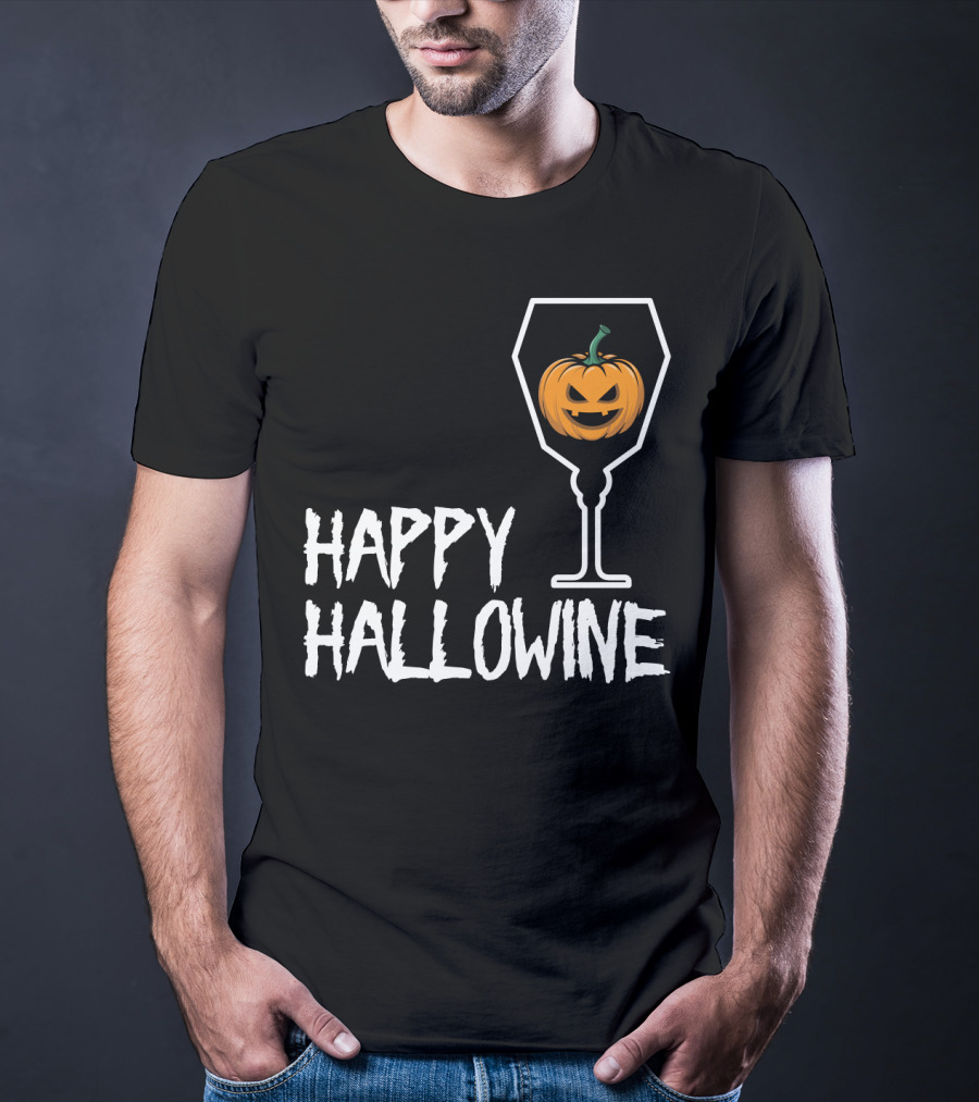 Happy Hallowine Jack-o'-Lantern Wine Glass Halloween Drinking Lover T-Shirt