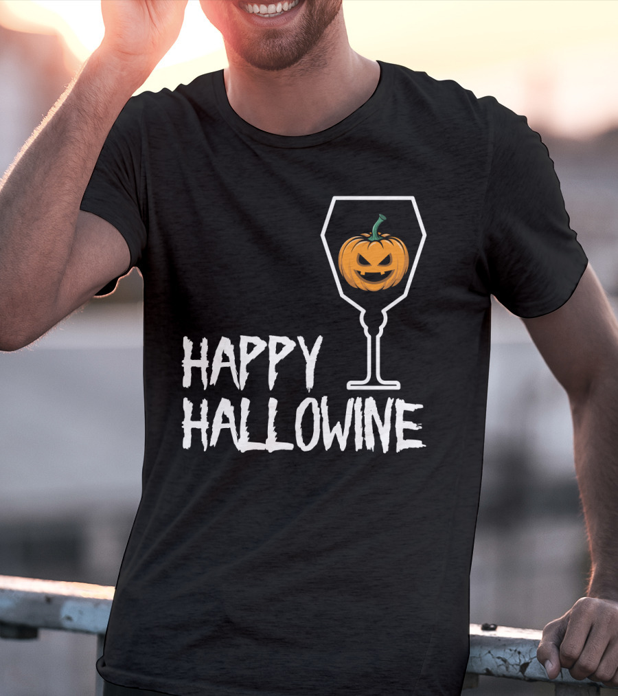 Happy Hallowine Jack-o'-Lantern Wine Glass Halloween Drinking Lover T-Shirt