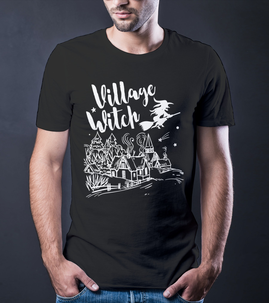 Village Witch Flying Over Enchanted Village Scene T-Shirt