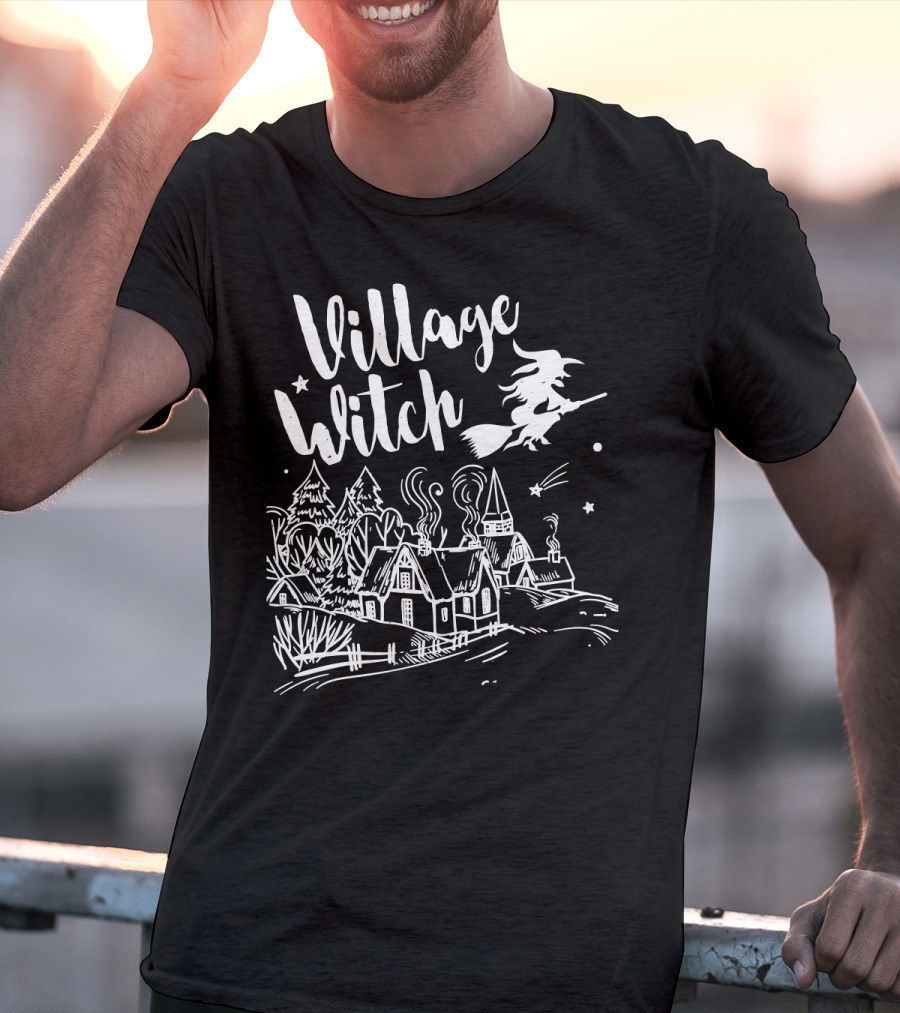 Village Witch Flying Over Enchanted Village Scene T-Shirt