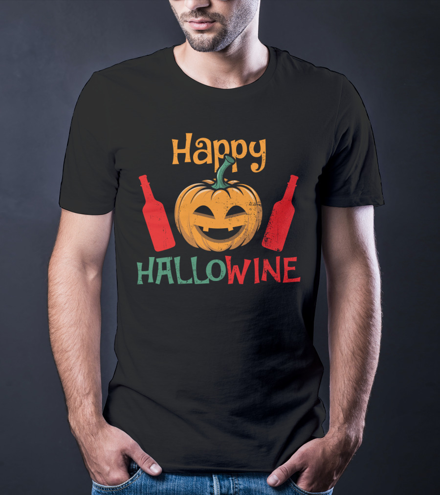Happy Hallo Wine Pumpkin Jack-O'-Lantern With Wine Bottles T-Shirt