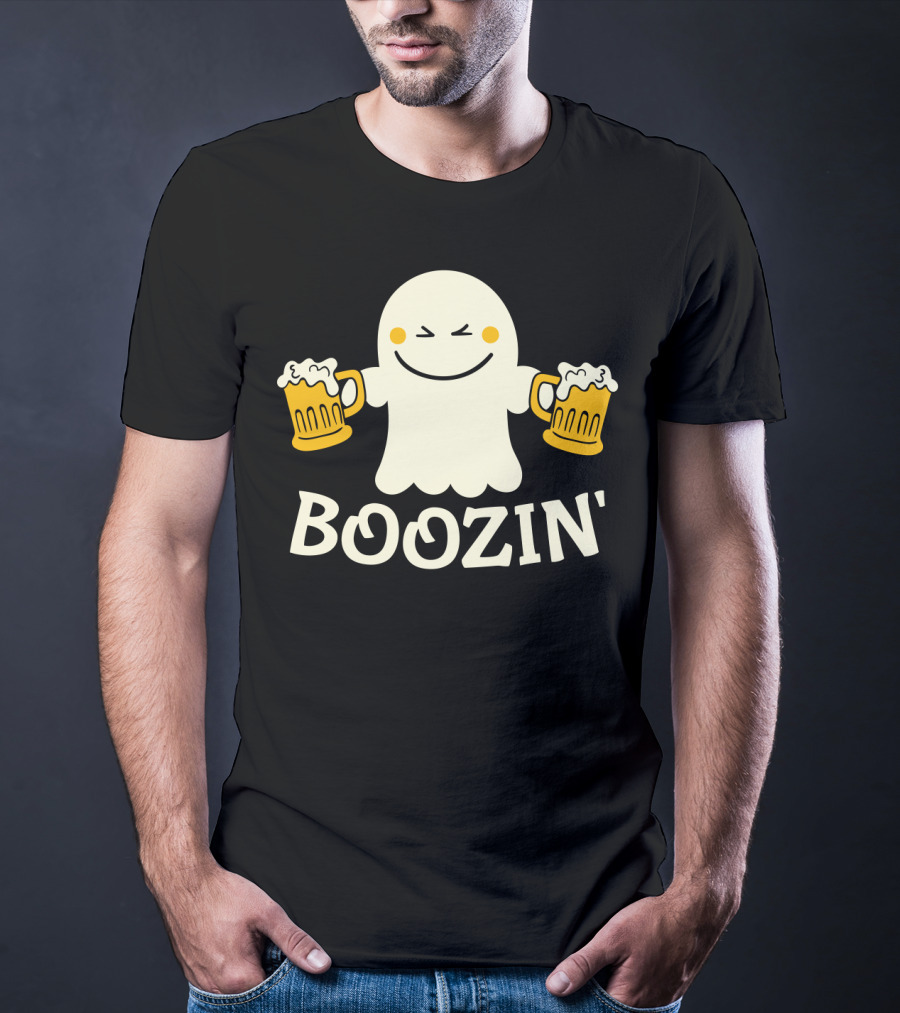 Boozin Ghost With Beer Mugs Halloween Fun T-Shirt
