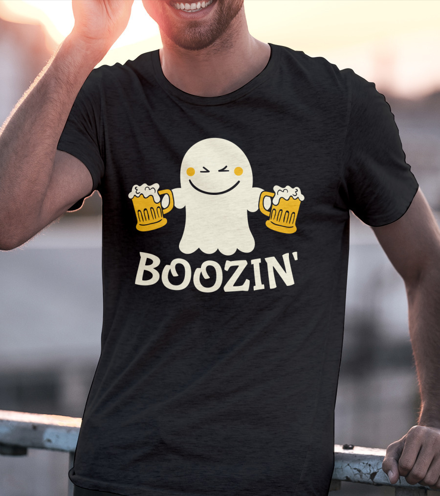 Boozin Ghost With Beer Mugs Halloween Fun T-Shirt