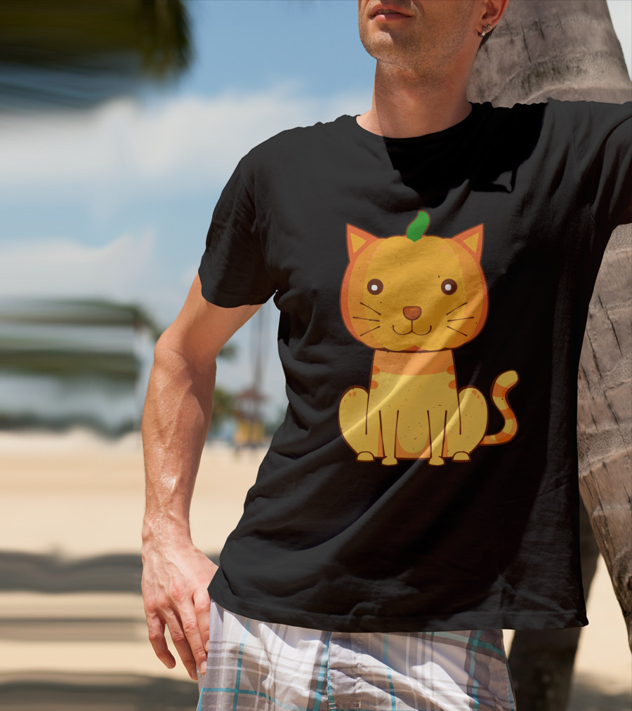 Halloween Pumpkin Cat Face And Striped Tail Whiskers T-Shirt