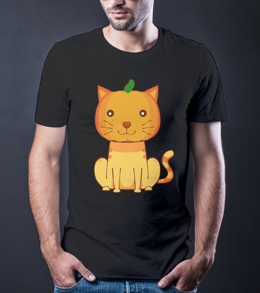 Halloween Pumpkin Cat Face And Striped Tail Whiskers T-Shirt