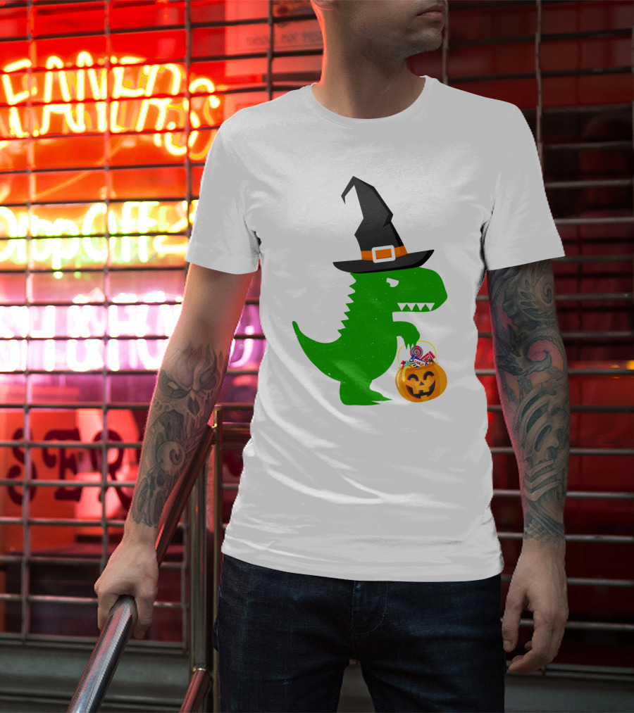 Witch Hat Dinosaur With Pumpkin Candy Bucket Halloween T-Shirt