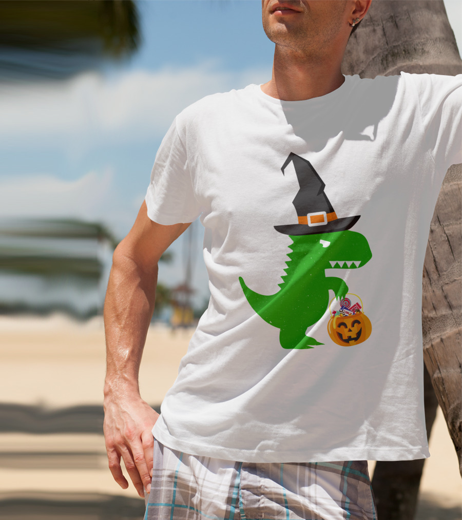 Witch Hat Dinosaur With Pumpkin Candy Bucket Halloween T-Shirt