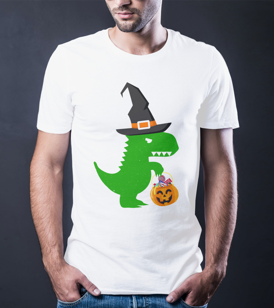 Witch Hat Dinosaur With Pumpkin Candy Bucket Halloween T-Shirt
