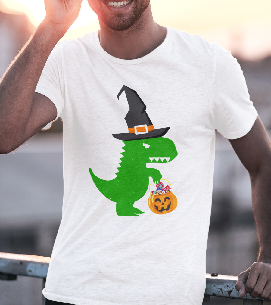 Witch Hat Dinosaur With Pumpkin Candy Bucket Halloween T-Shirt
