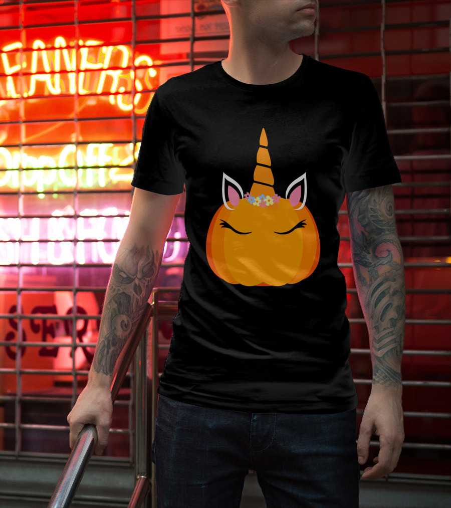 Unicorn Pumpkin With Floral Crown And Sleepy Eyes T-Shirt