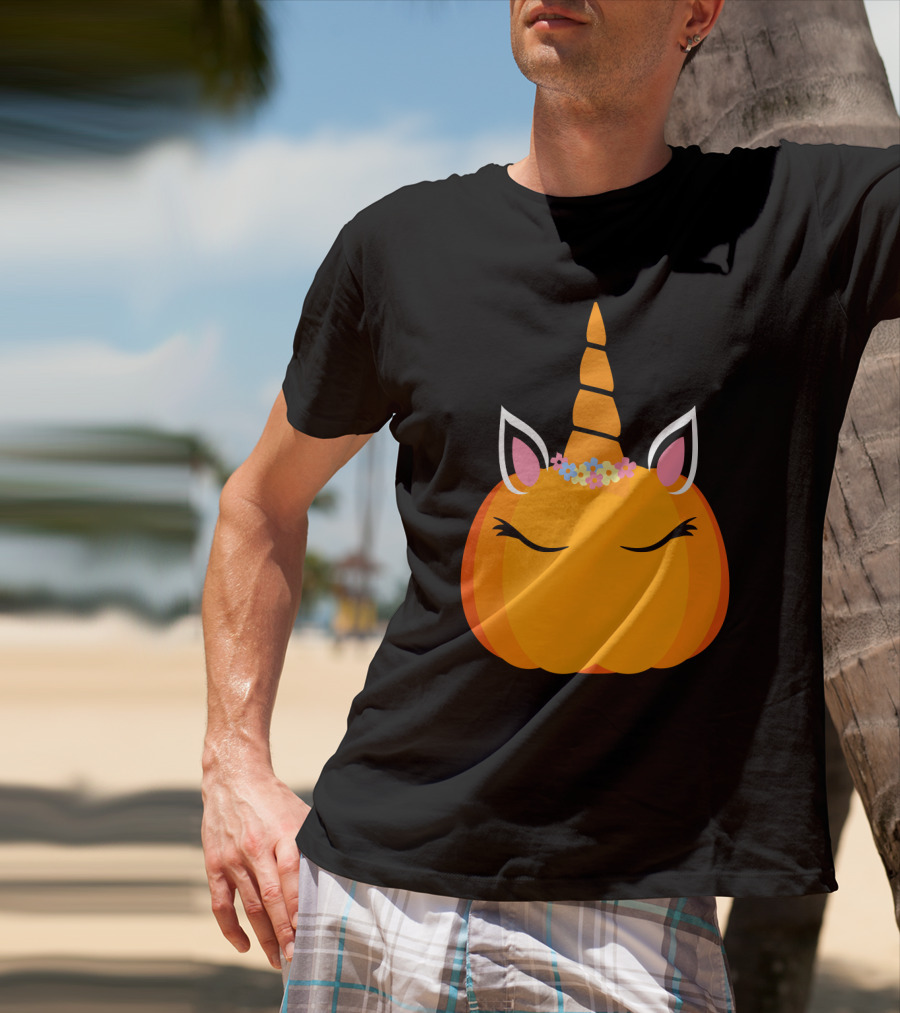 Unicorn Pumpkin With Floral Crown And Sleepy Eyes T-Shirt