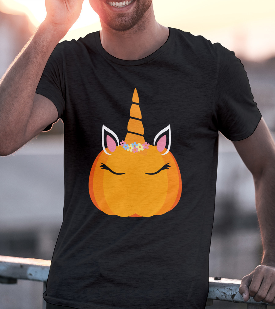Unicorn Pumpkin With Floral Crown And Sleepy Eyes T-Shirt