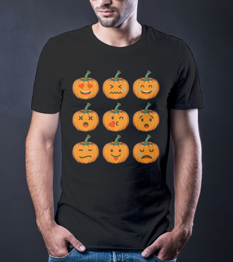 Nine Cute Pumpkin Emoji Expressions With Heart Eyes And Tears T-Shirt