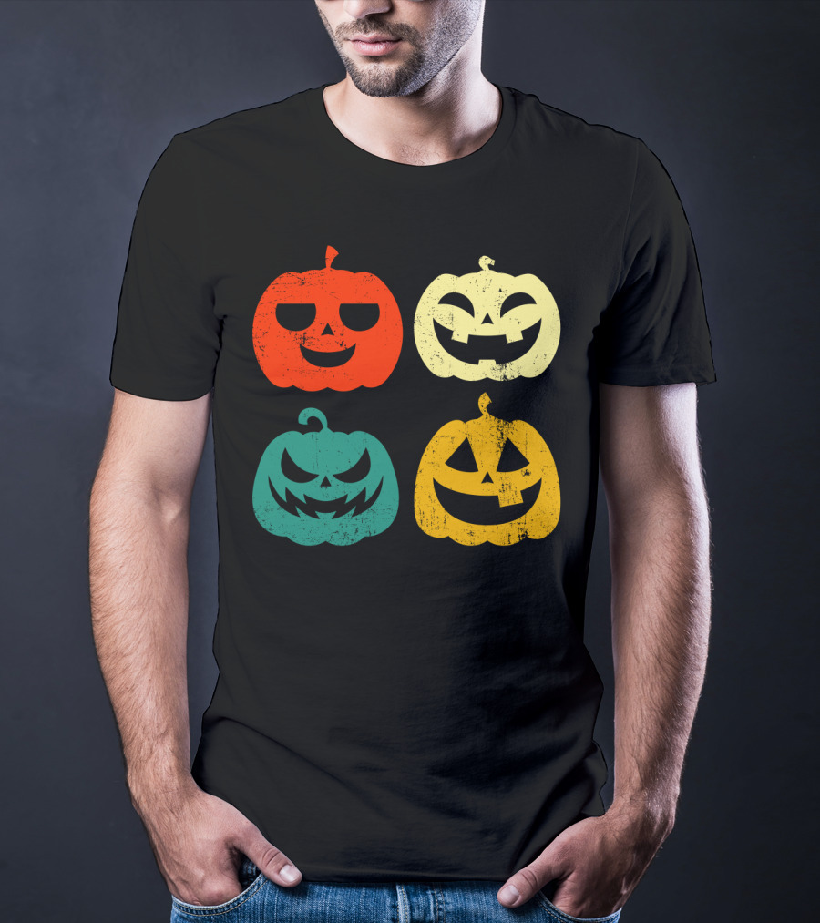 Retro Vintage Pumpkin Halloween Faces Quad Color Grid T-Shirt