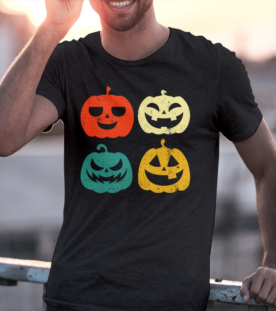 Retro Vintage Pumpkin Halloween Faces Quad Color Grid T-Shirt