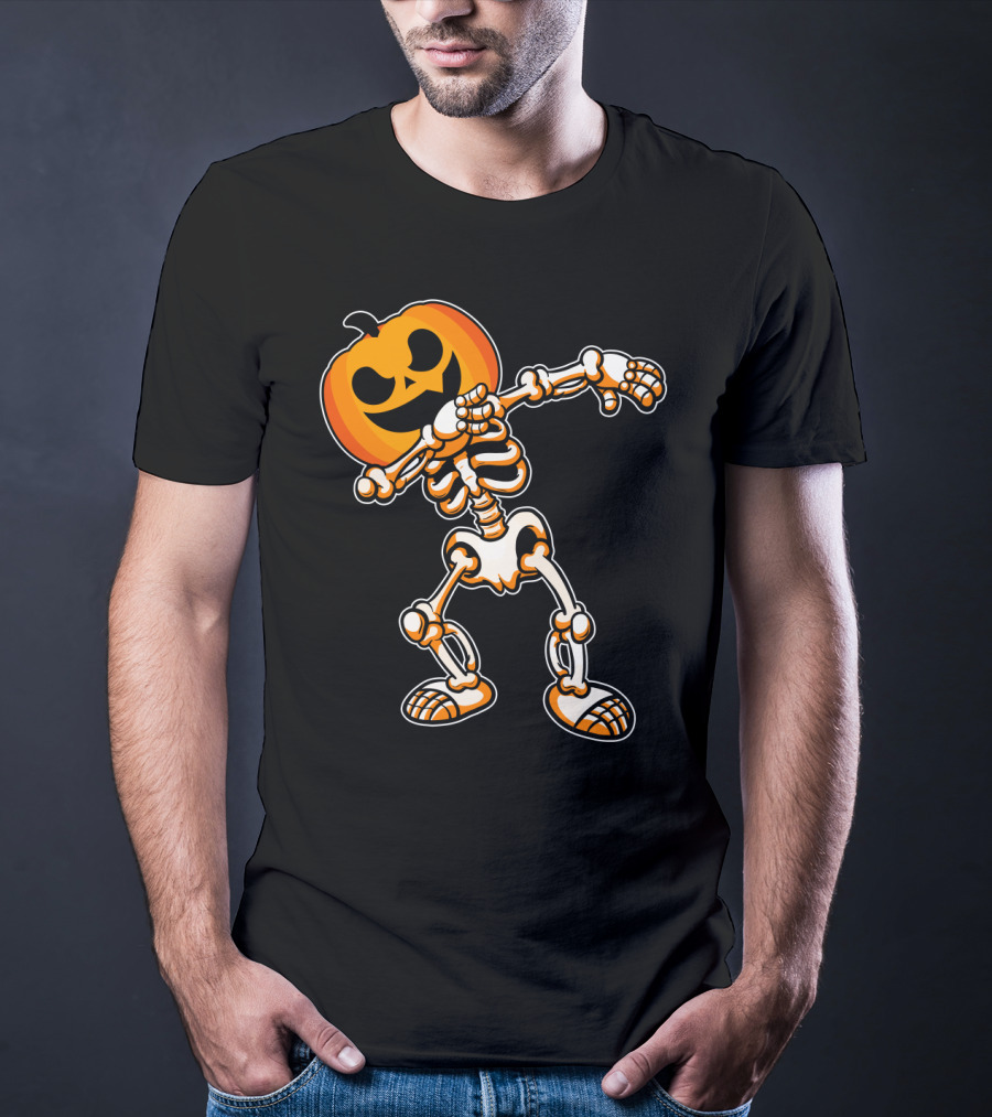 Dabbing Skeleton With Pumpkin Head Halloween Humor T-Shirt