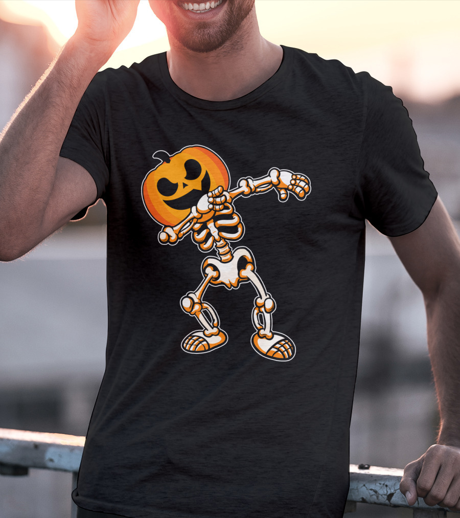 Dabbing Skeleton With Pumpkin Head Halloween Humor T-Shirt